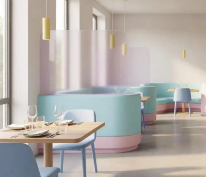 Nowoczesne wnętrze restauracji VeloStravino w pastelowych barwach