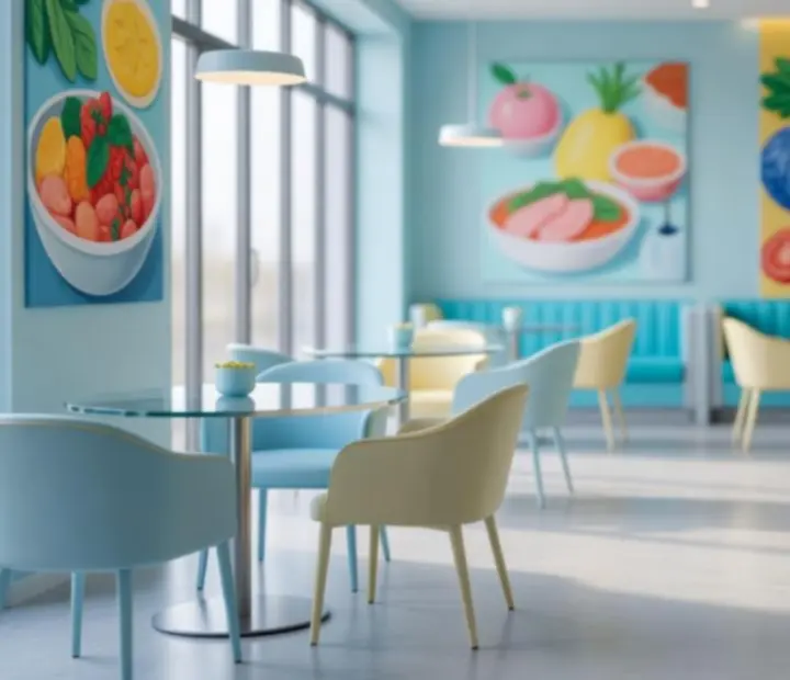 Eleganckie, pastelowe wnętrze restauracji VeloStravino